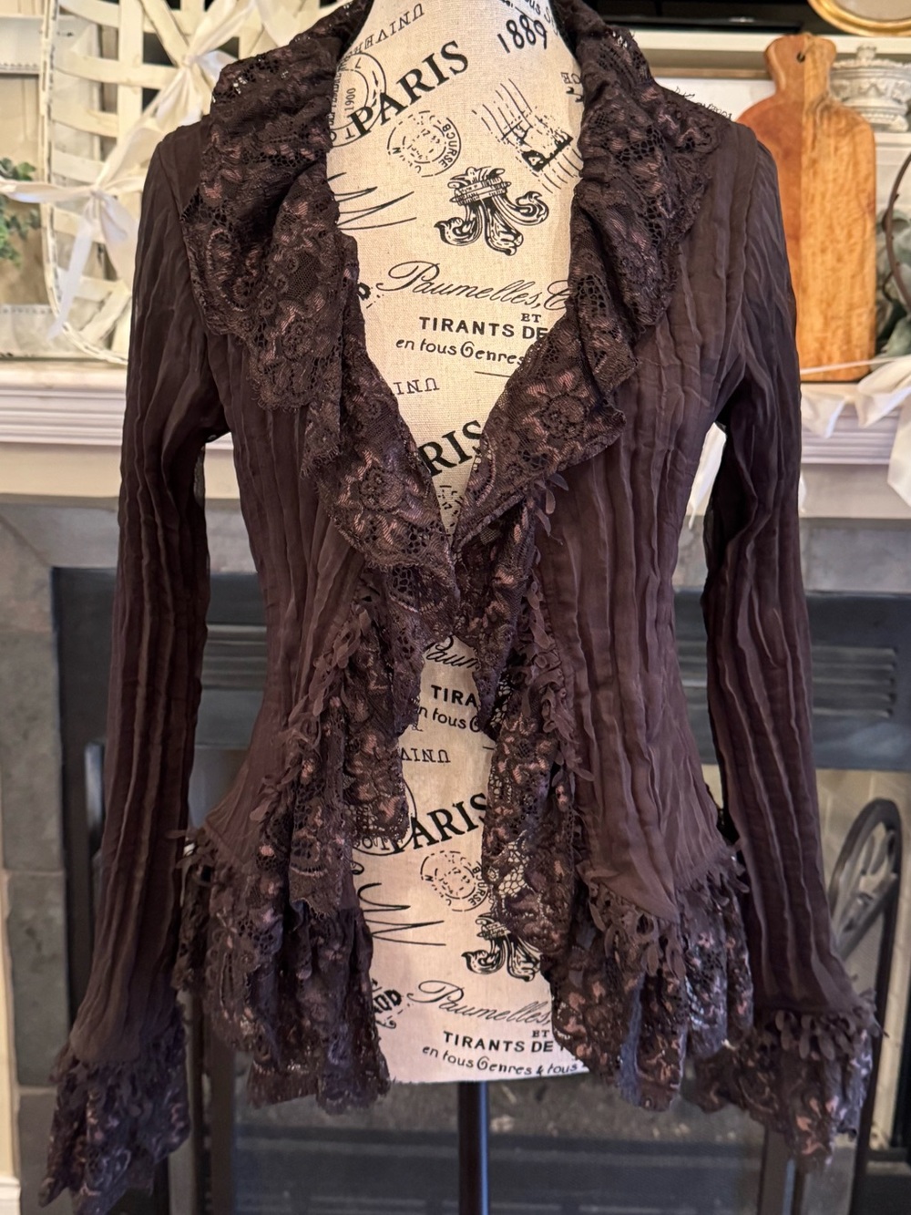 Vintage Y2K Brown Ruffle Lace Cardigan Jacket Whimsigoth Fairycore Steampunk Med